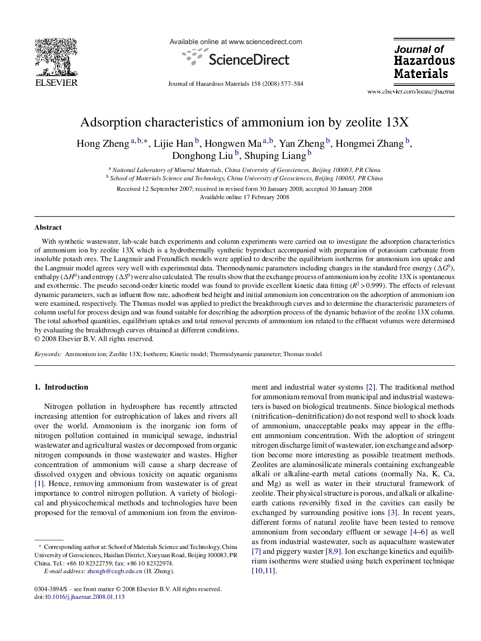 Adsorption characteristics of ammonium ion by zeolite 13X