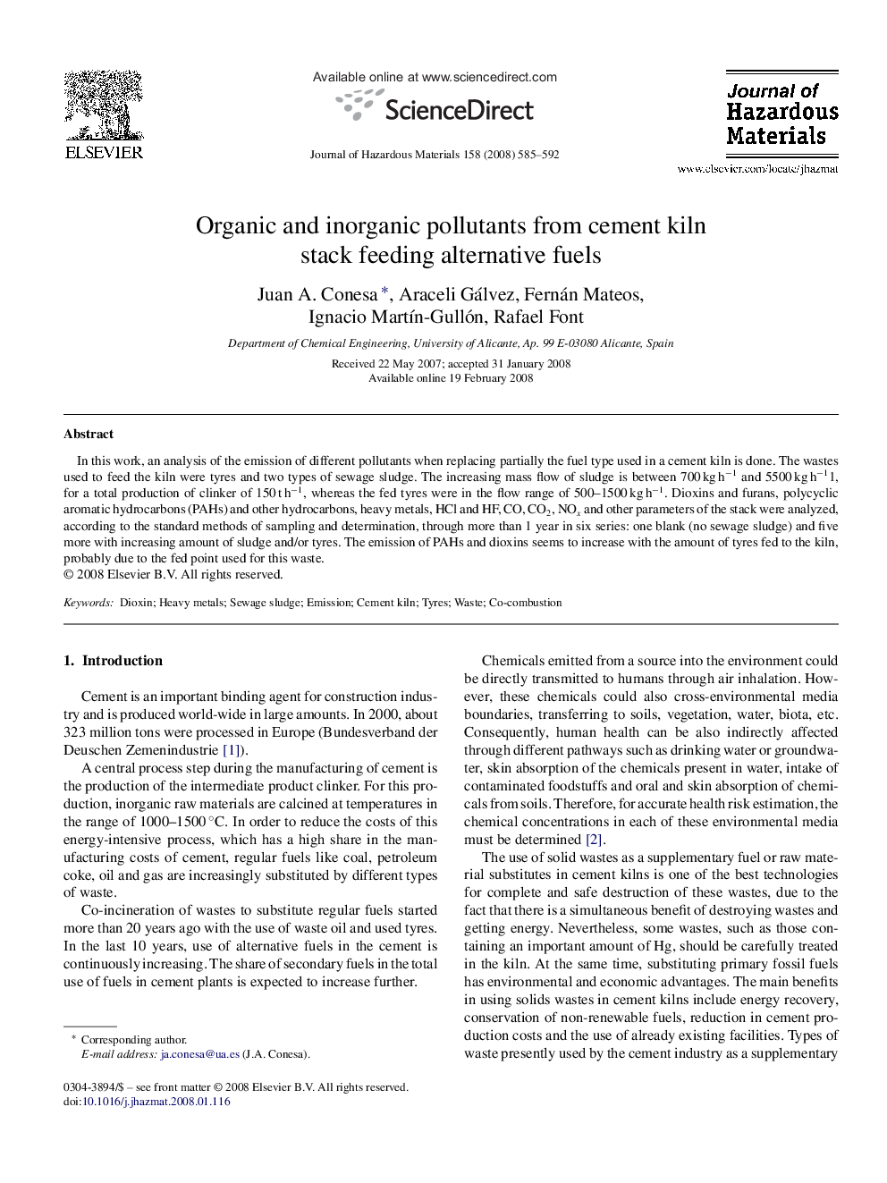 Organic and inorganic pollutants from cement kiln stack feeding alternative fuels