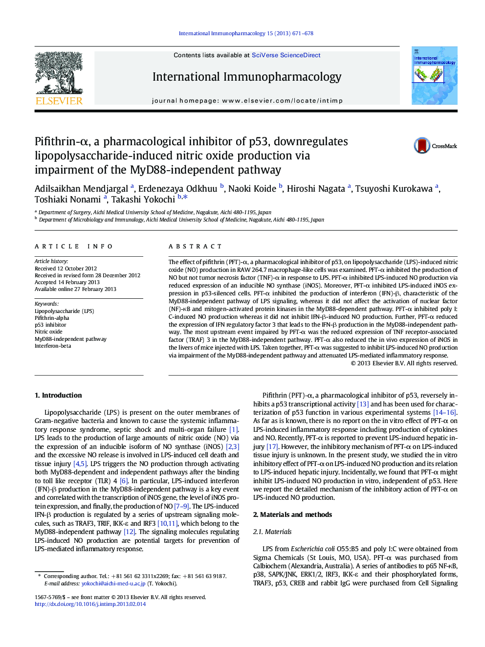 Pifithrin-Î±, a pharmacological inhibitor of p53, downregulates lipopolysaccharide-induced nitric oxide production via impairment of the MyD88-independent pathway