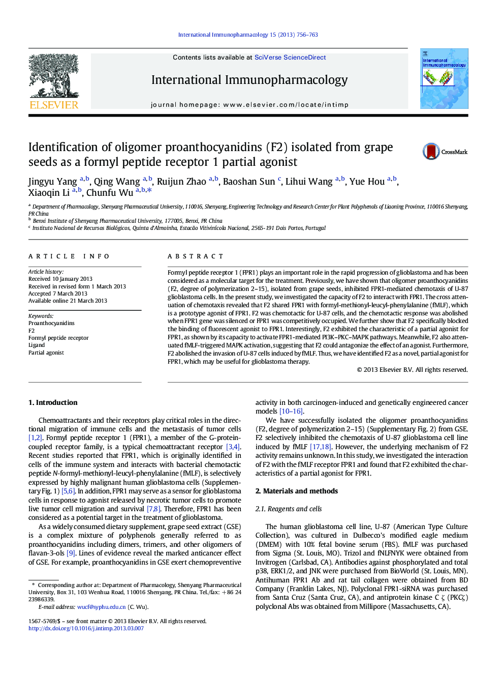 Identification of oligomer proanthocyanidins (F2) isolated from grape seeds as a formyl peptide receptor 1 partial agonist