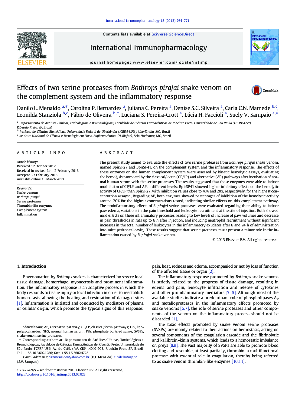 Effects of two serine proteases from Bothrops pirajai snake venom on the complement system and the inflammatory response