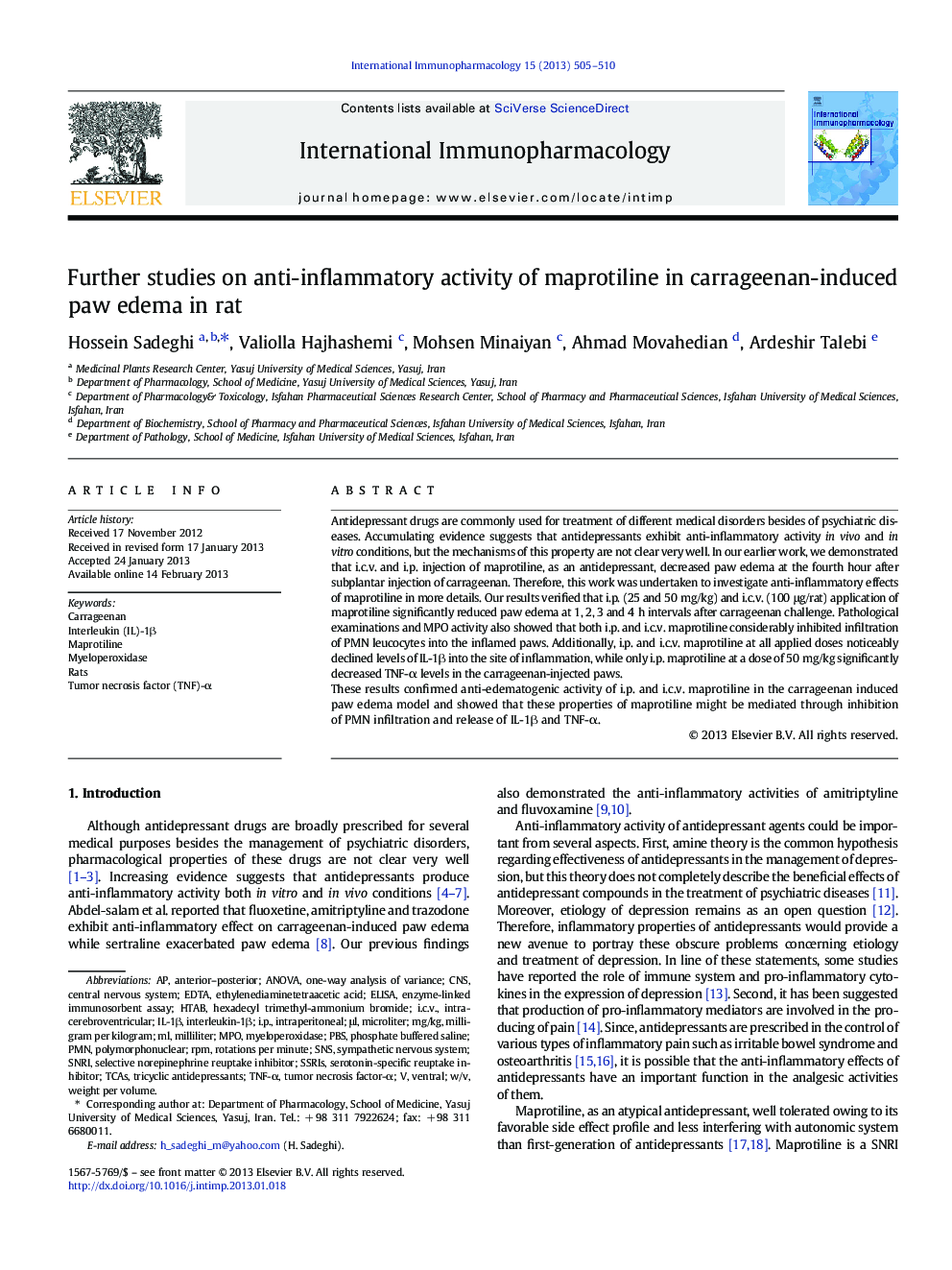 Further studies on anti-inflammatory activity of maprotiline in carrageenan-induced paw edema in rat