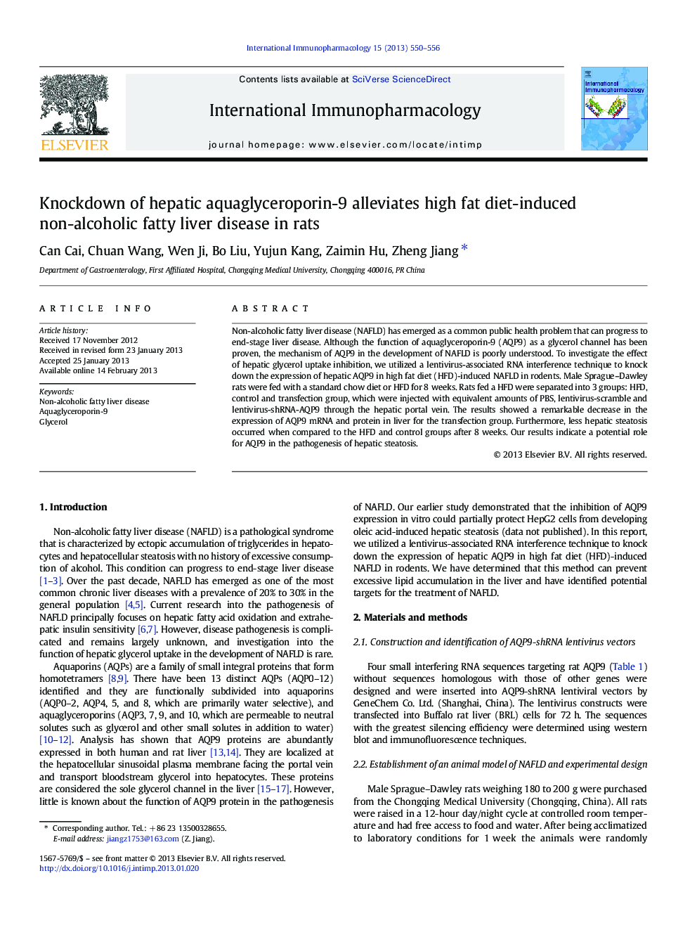 Knockdown of hepatic aquaglyceroporin-9 alleviates high fat diet-induced non-alcoholic fatty liver disease in rats