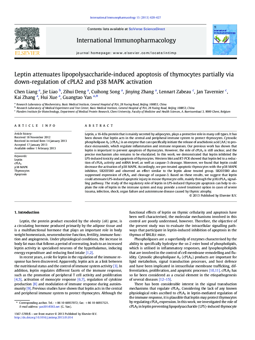 Leptin attenuates lipopolysaccharide-induced apoptosis of thymocytes partially via down-regulation of cPLA2 and p38 MAPK activation