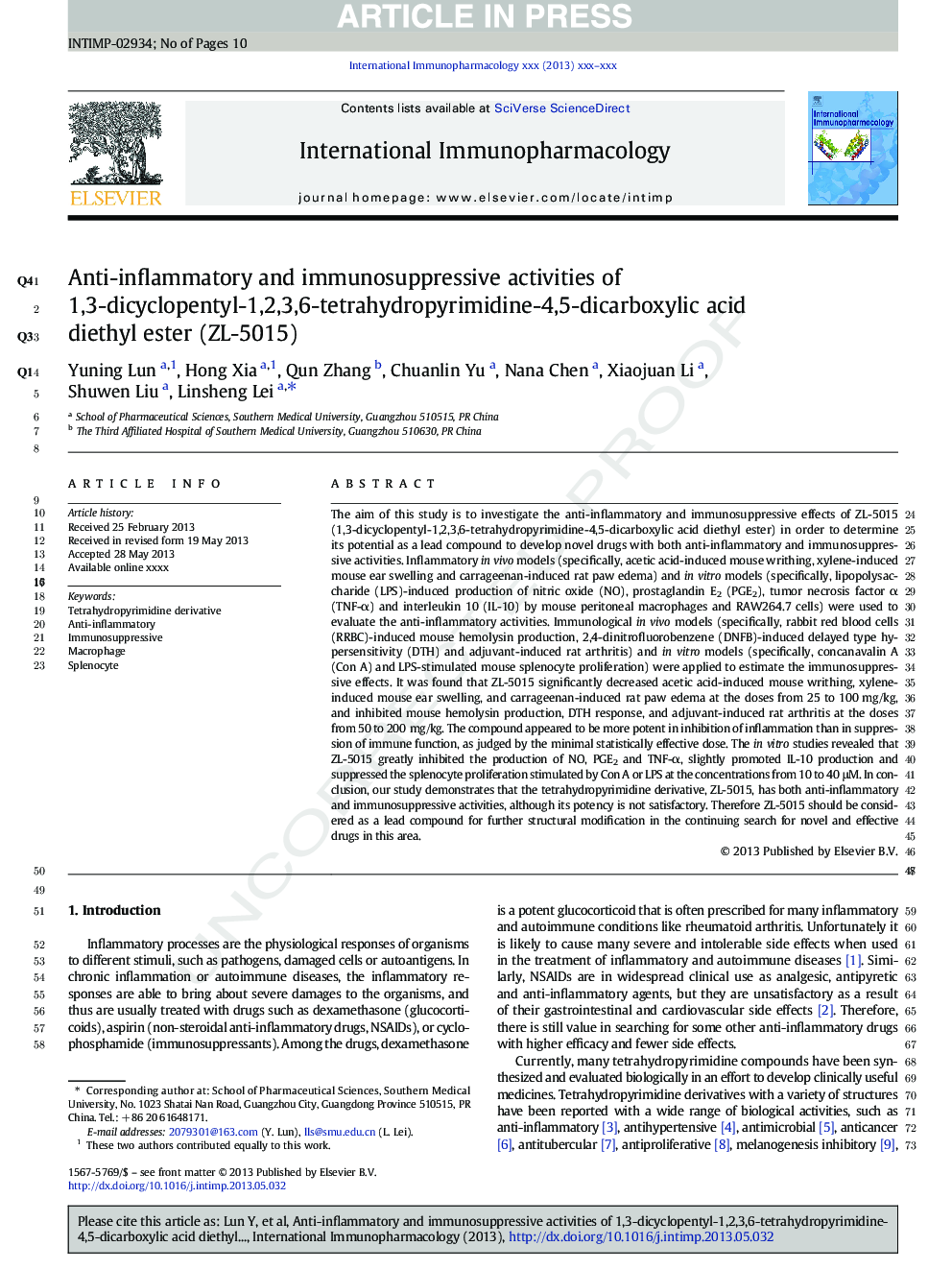 Anti-inflammatory and immunosuppressive activities of 1,3-dicyclopentyl-1,2,3,6-tetrahydropyrimidine-4,5-dicarboxylic acid diethyl ester (ZL-5015)