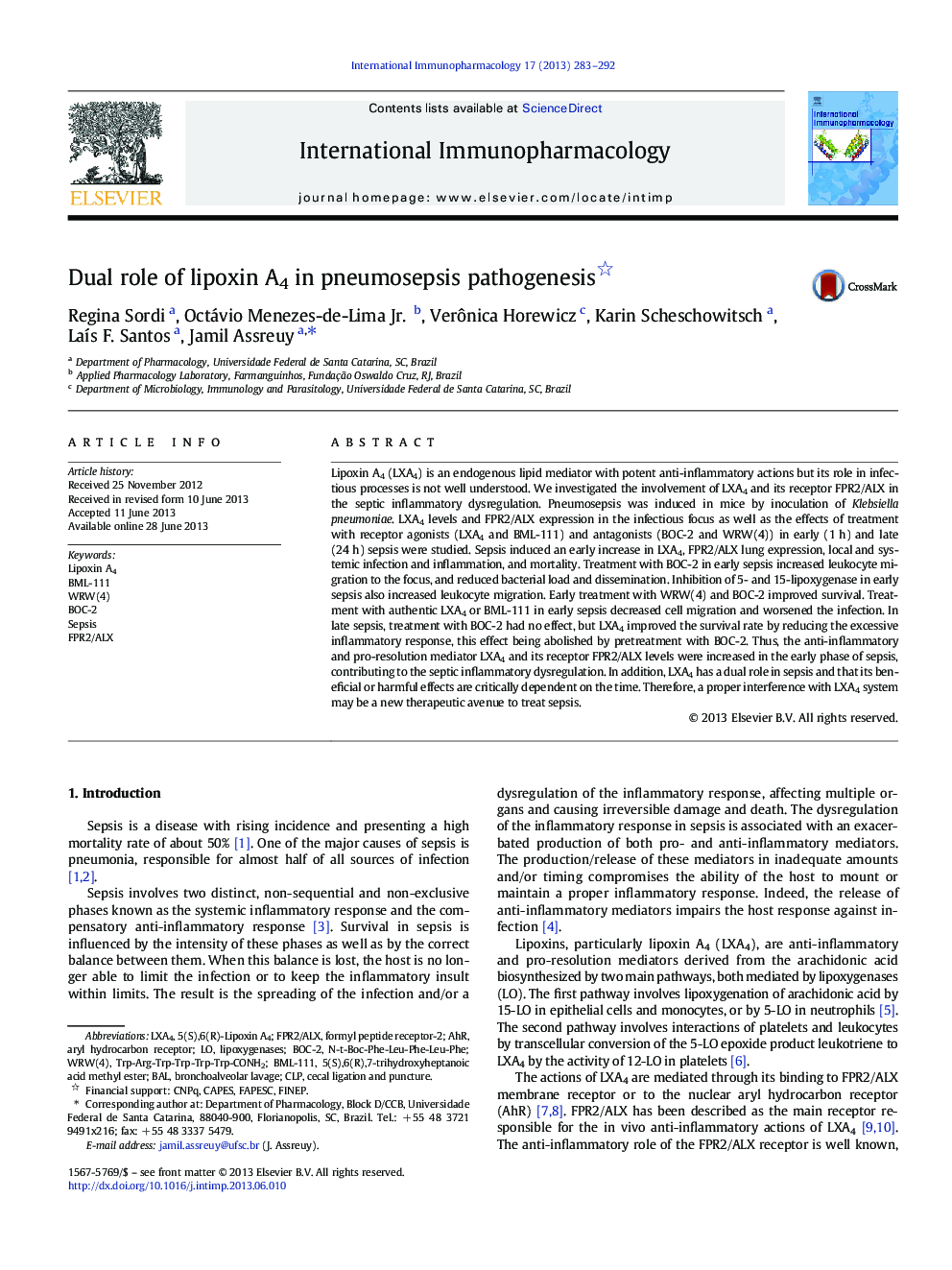 Dual role of lipoxin A4 in pneumosepsis pathogenesis