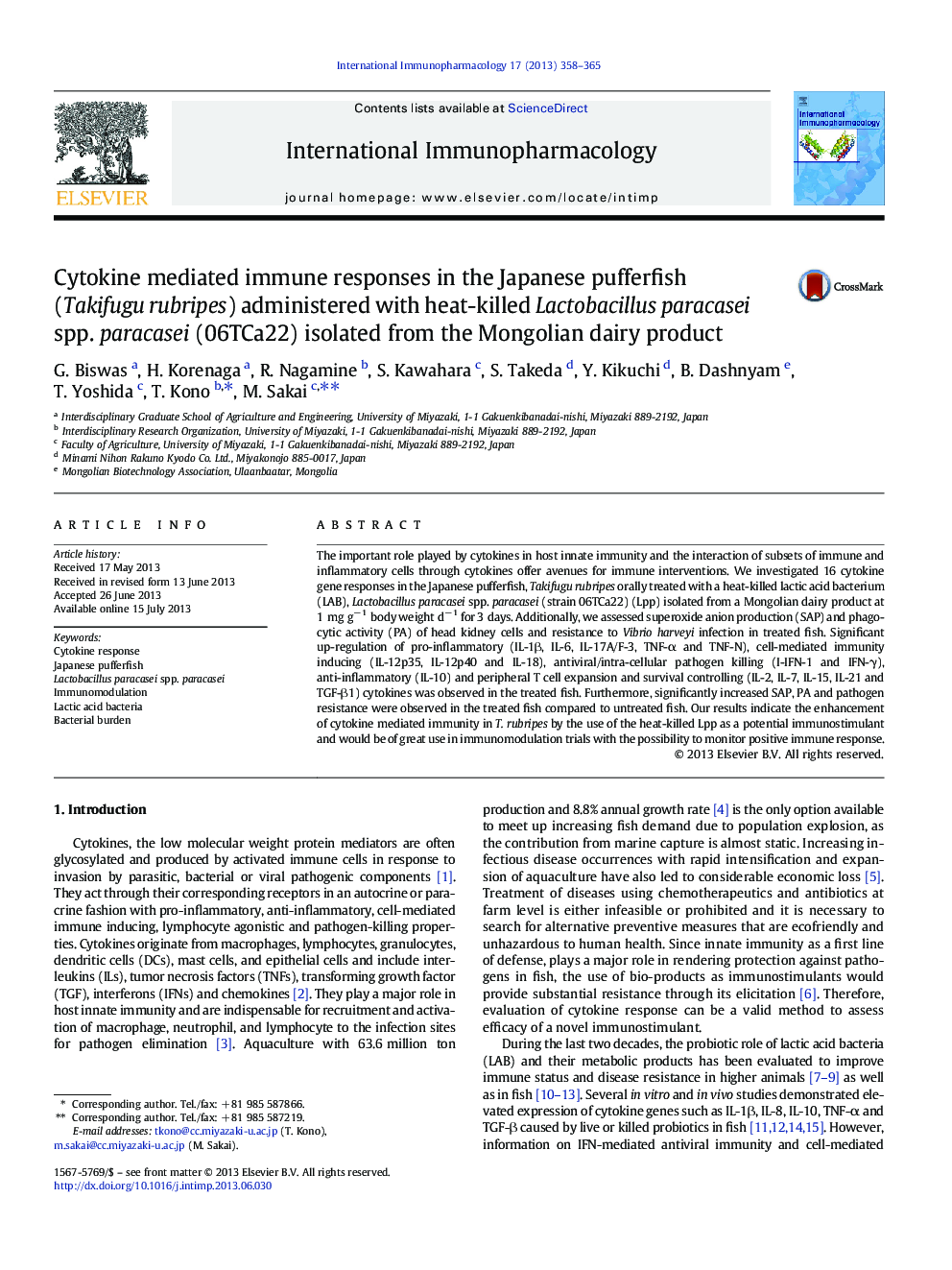 Cytokine mediated immune responses in the Japanese pufferfish (Takifugu rubripes) administered with heat-killed Lactobacillus paracasei spp. paracasei (06TCa22) isolated from the Mongolian dairy product