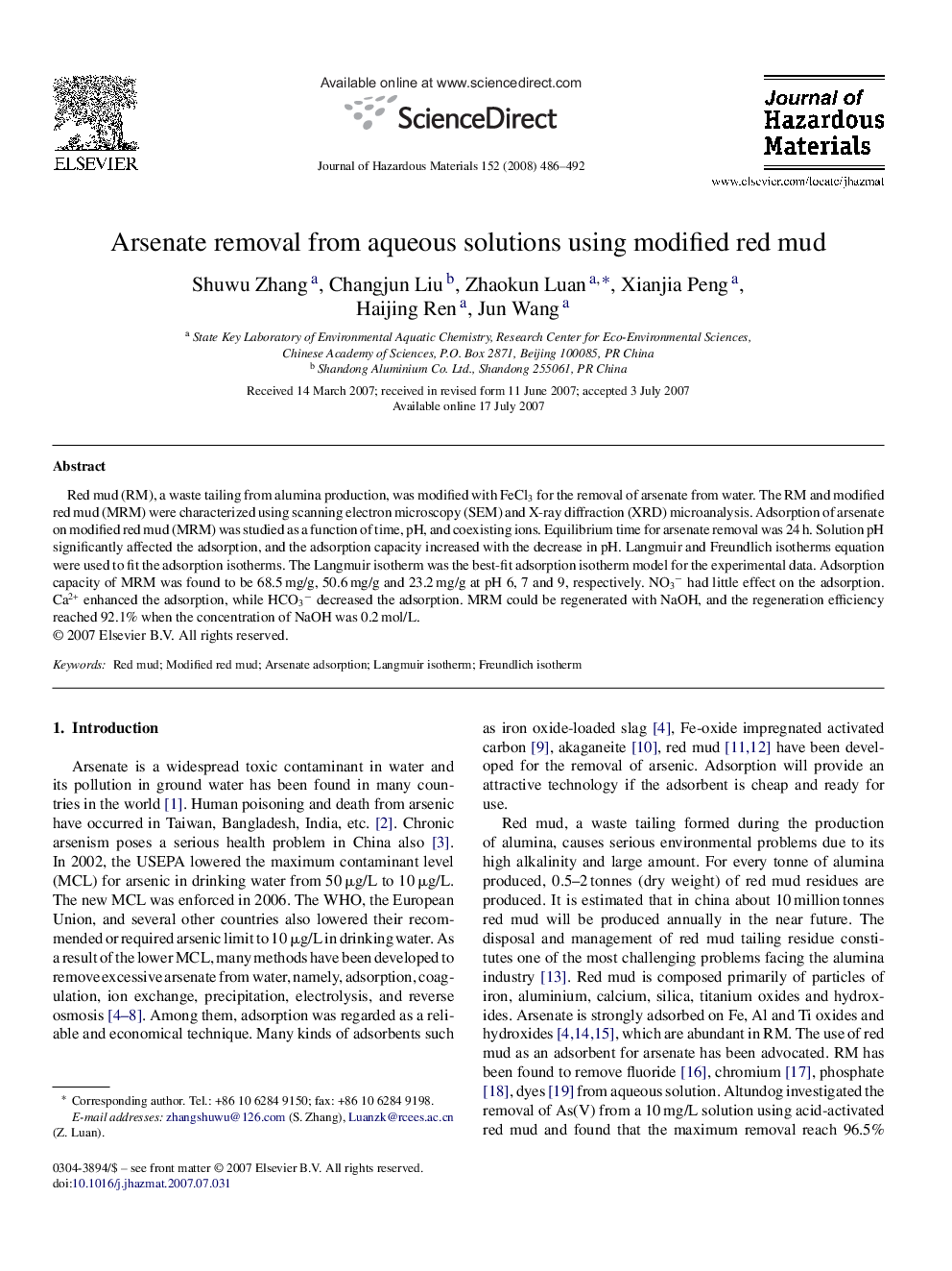 Arsenate removal from aqueous solutions using modified red mud