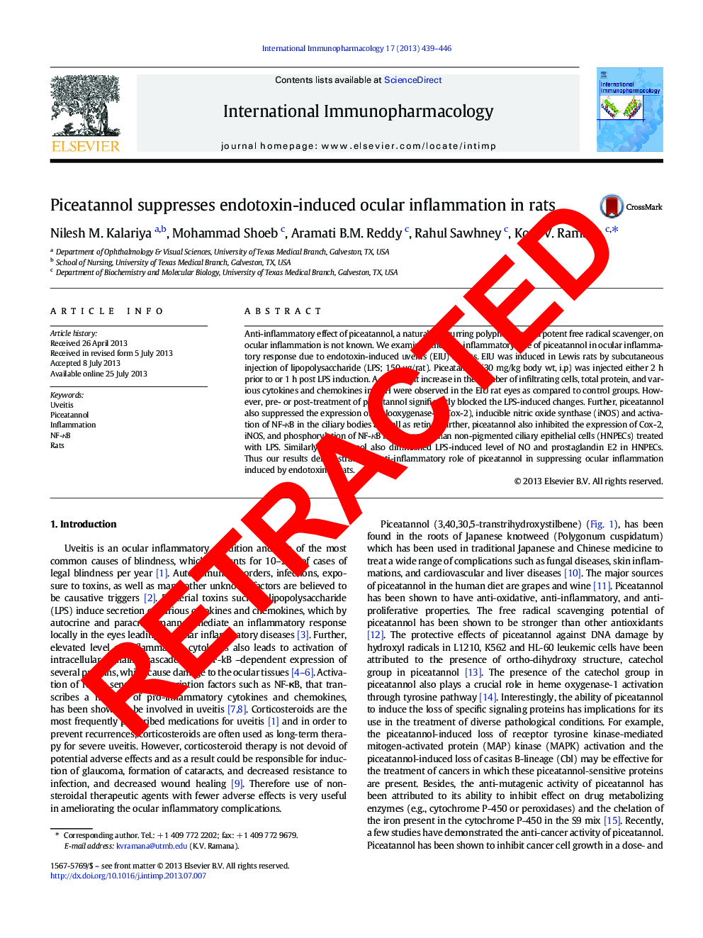 RETRACTED: Piceatannol suppresses endotoxin-induced ocular inflammation in rats