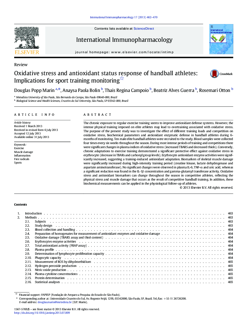 ReviewOxidative stress and antioxidant status response of handball athletes: Implications for sport training monitoring