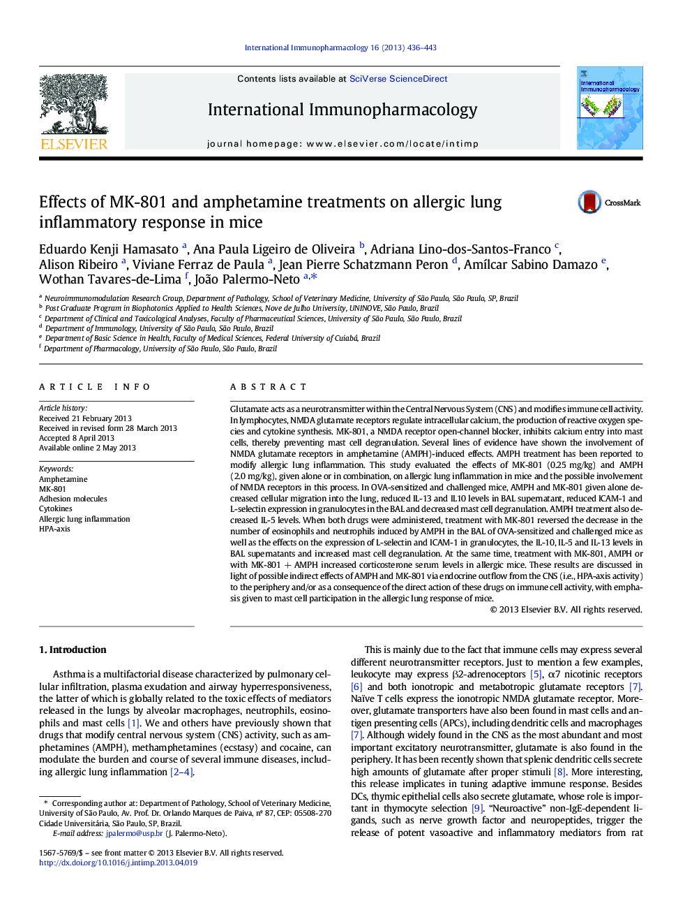 Effects of MK-801 and amphetamine treatments on allergic lung inflammatory response in mice