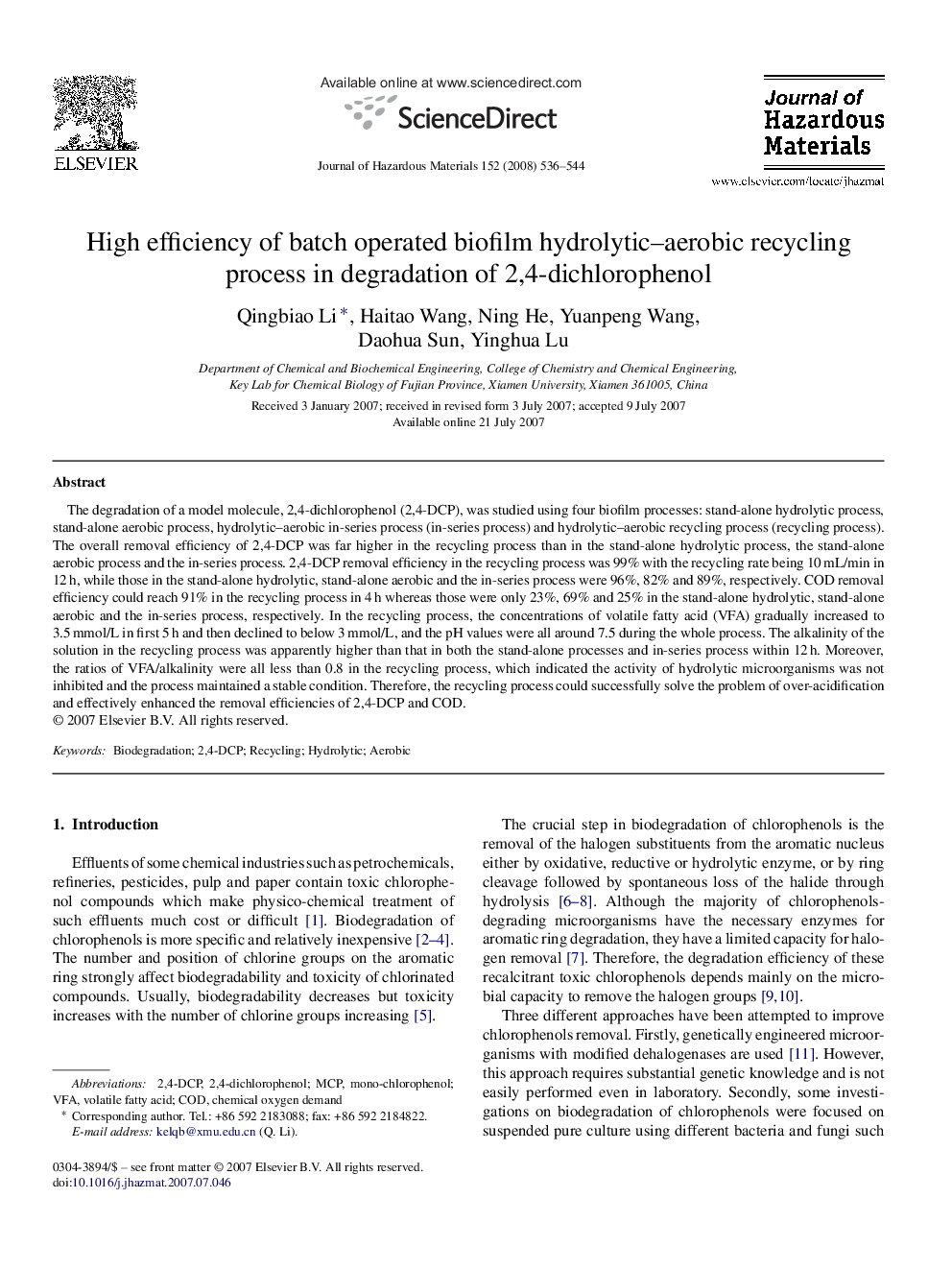 High efficiency of batch operated biofilm hydrolytic-aerobic recycling process in degradation of 2,4-dichlorophenol