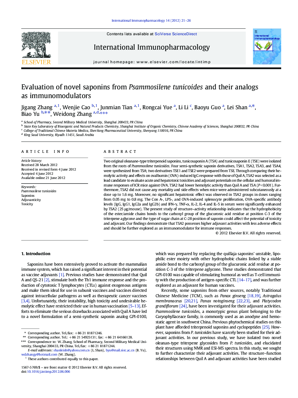 Evaluation of novel saponins from Psammosilene tunicoides and their analogs as immunomodulators