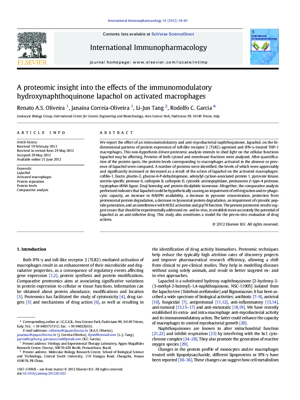 A proteomic insight into the effects of the immunomodulatory hydroxynaphthoquinone lapachol on activated macrophages