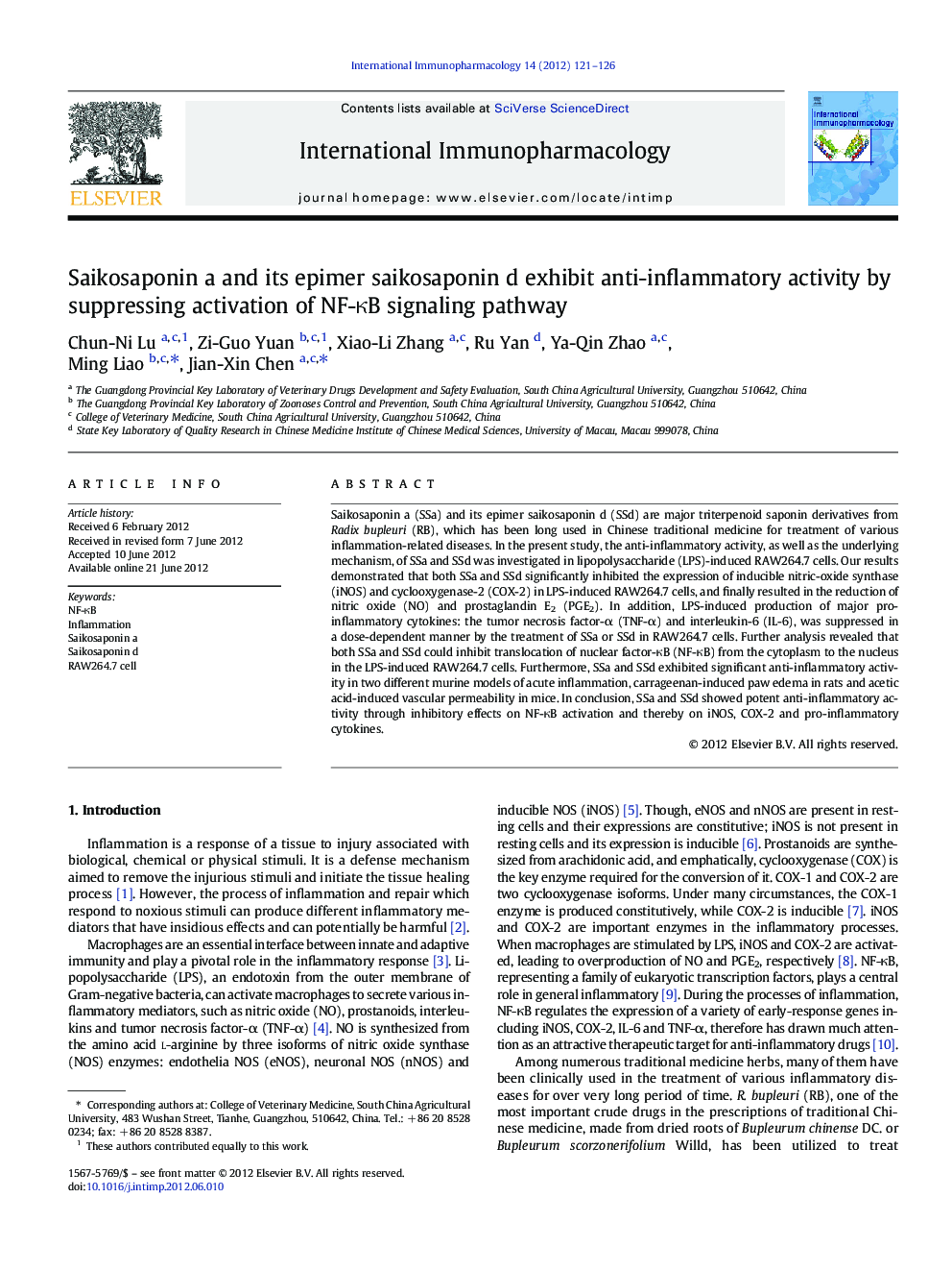 Saikosaponin a and its epimer saikosaponin d exhibit anti-inflammatory activity by suppressing activation of NF-ÎºB signaling pathway