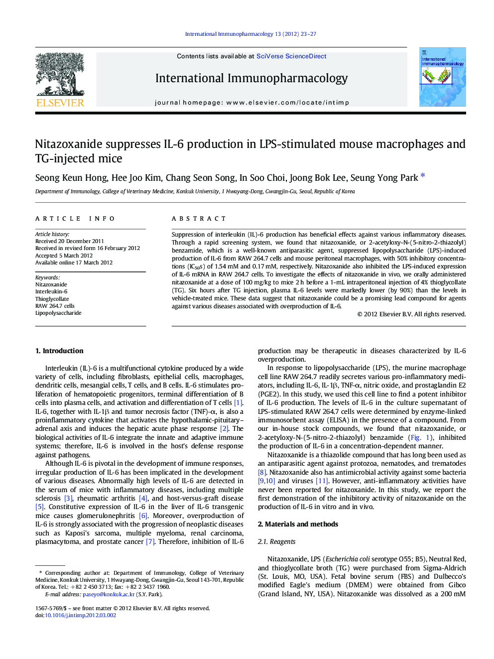 Nitazoxanide suppresses IL-6 production in LPS-stimulated mouse macrophages and TG-injected mice