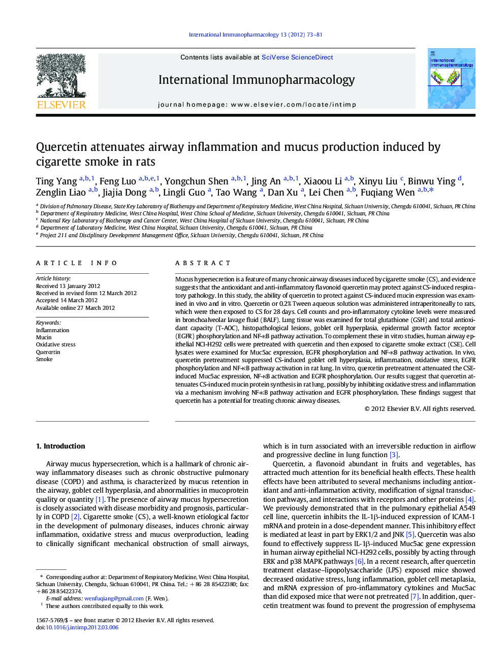 Quercetin attenuates airway inflammation and mucus production induced by cigarette smoke in rats
