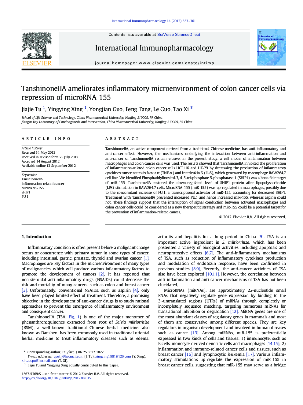 TanshinoneIIA ameliorates inflammatory microenvironment of colon cancer cells via repression of microRNA-155