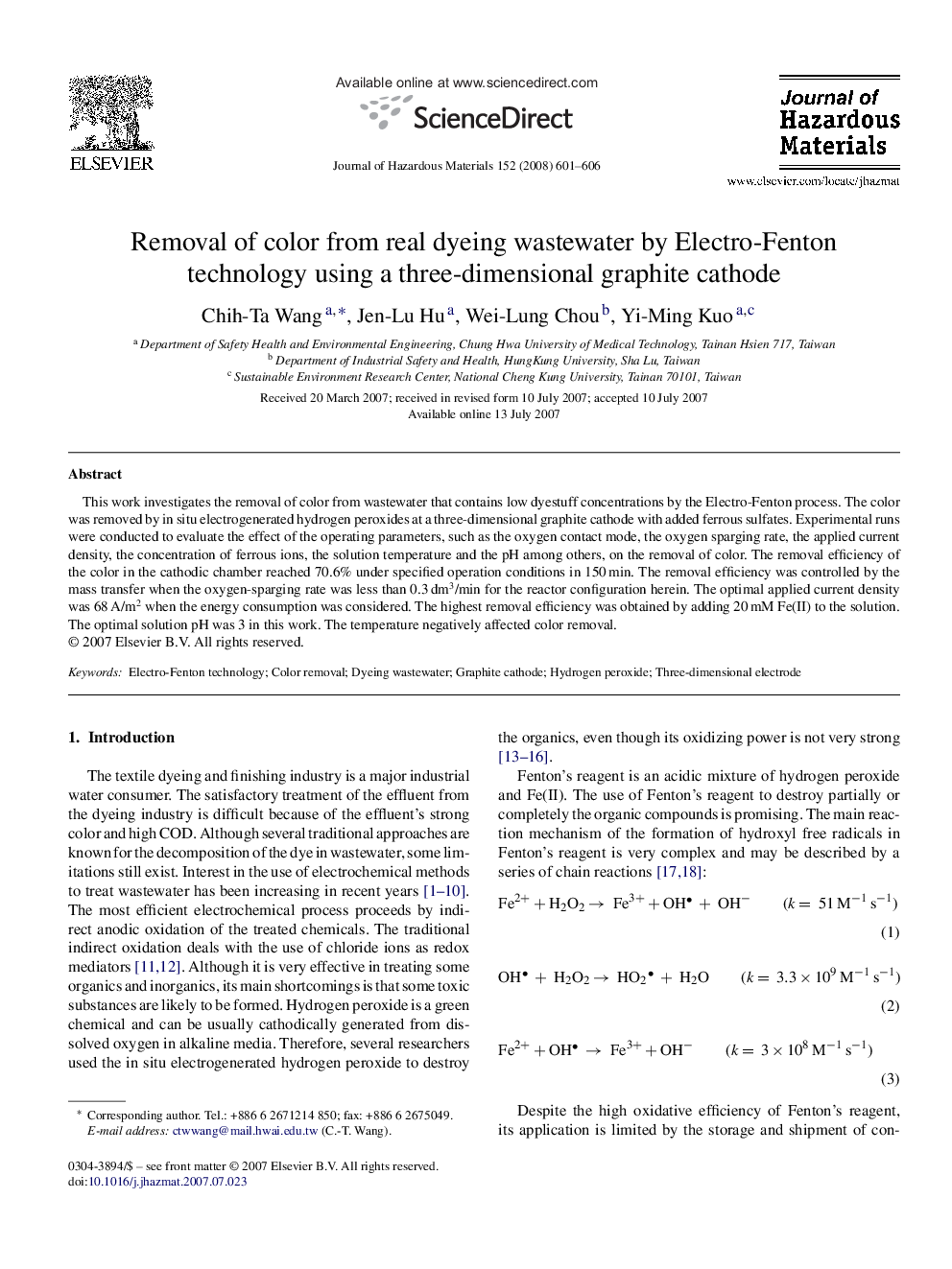 Removal of color from real dyeing wastewater by Electro-Fenton technology using a three-dimensional graphite cathode