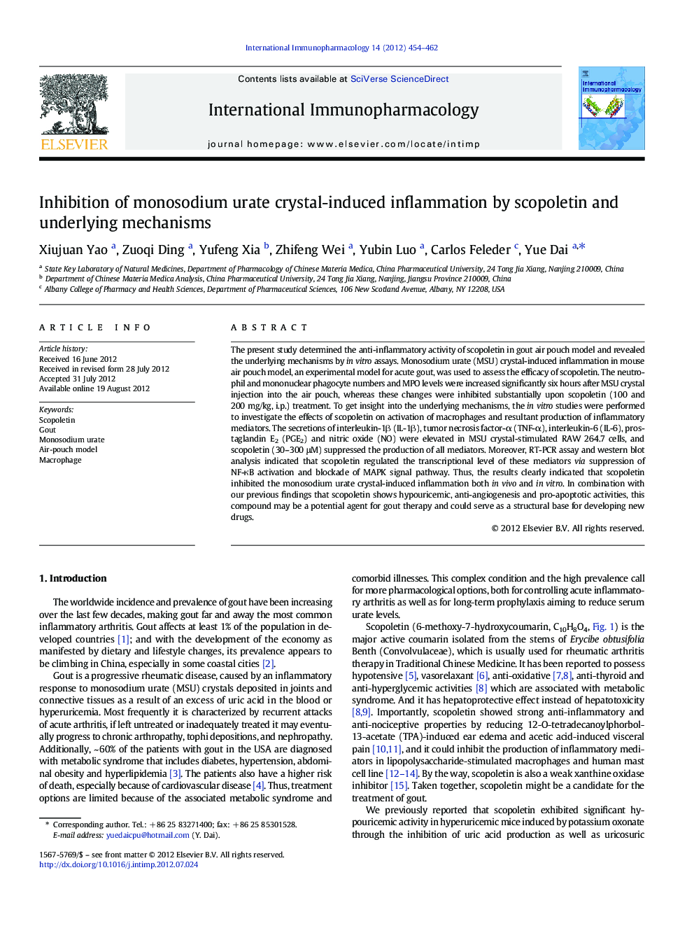 Inhibition of monosodium urate crystal-induced inflammation by scopoletin and underlying mechanisms