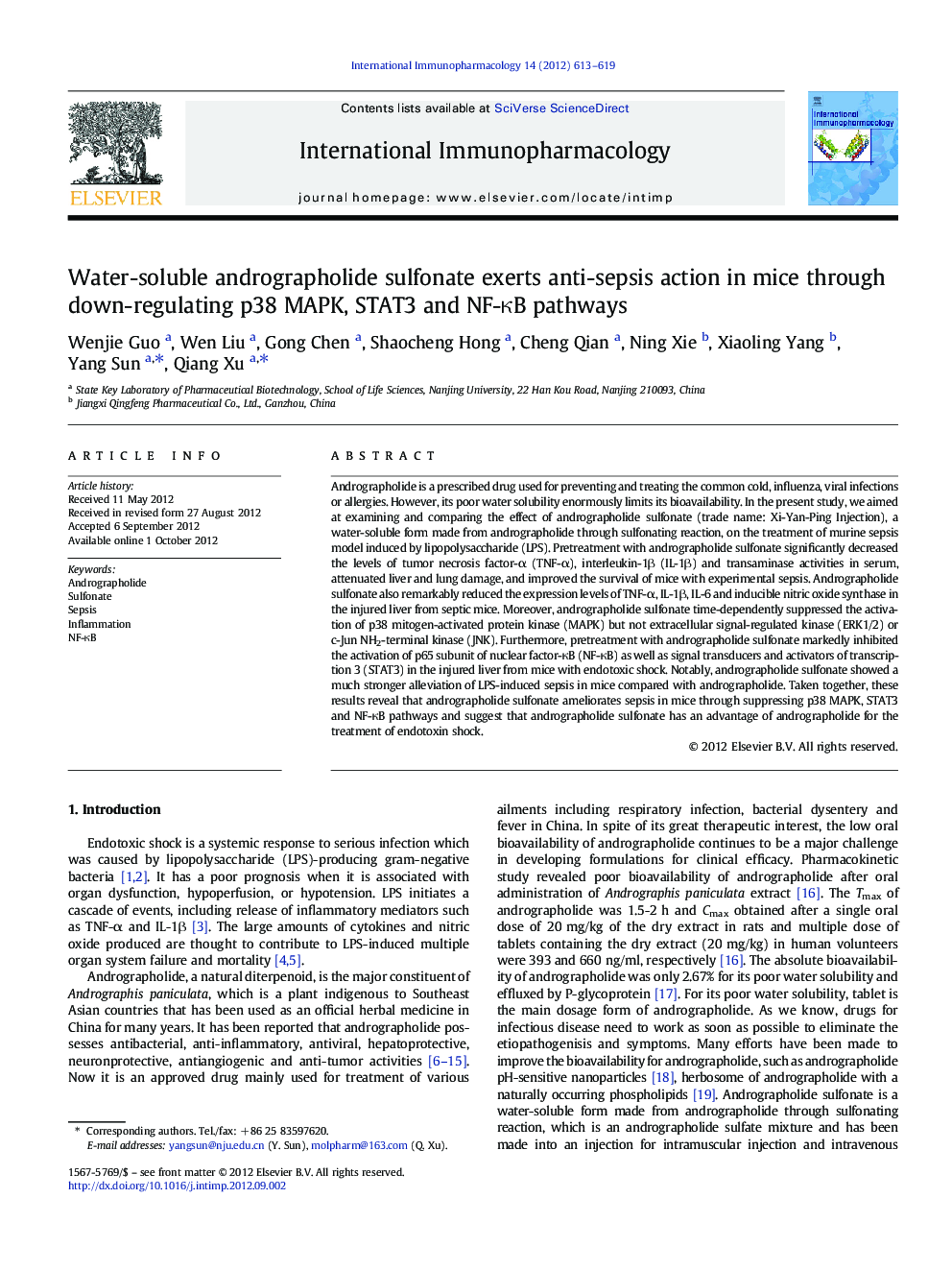 Water-soluble andrographolide sulfonate exerts anti-sepsis action in mice through down-regulating p38 MAPK, STAT3 and NF-ÎºB pathways