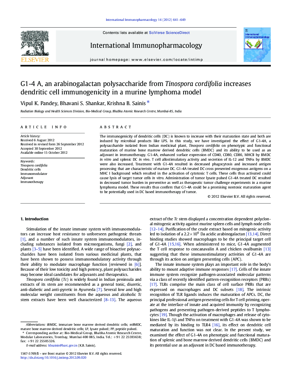 G1-4 A, an arabinogalactan polysaccharide from Tinospora cordifolia increases dendritic cell immunogenicity in a murine lymphoma model