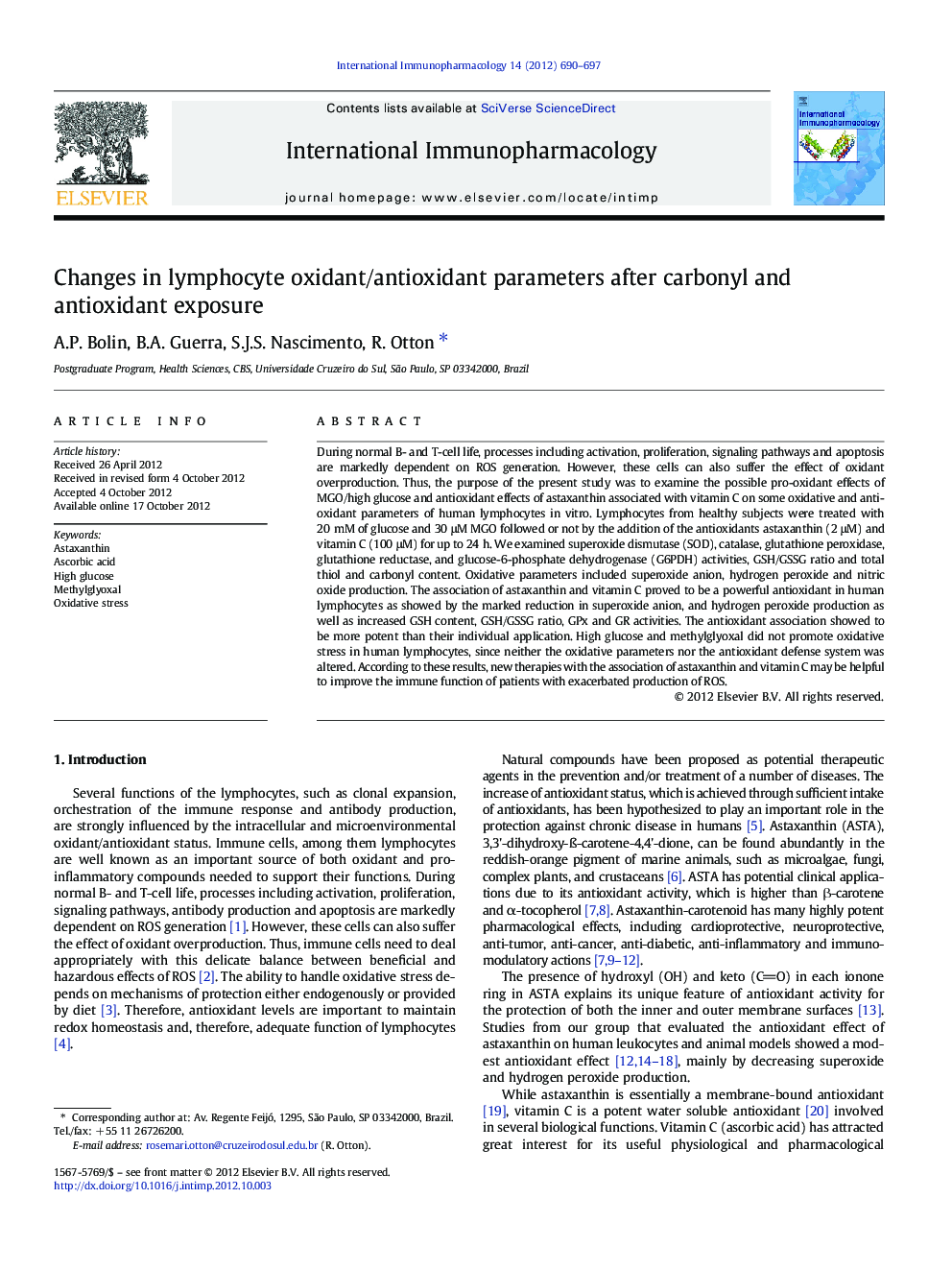 Changes in lymphocyte oxidant/antioxidant parameters after carbonyl and antioxidant exposure