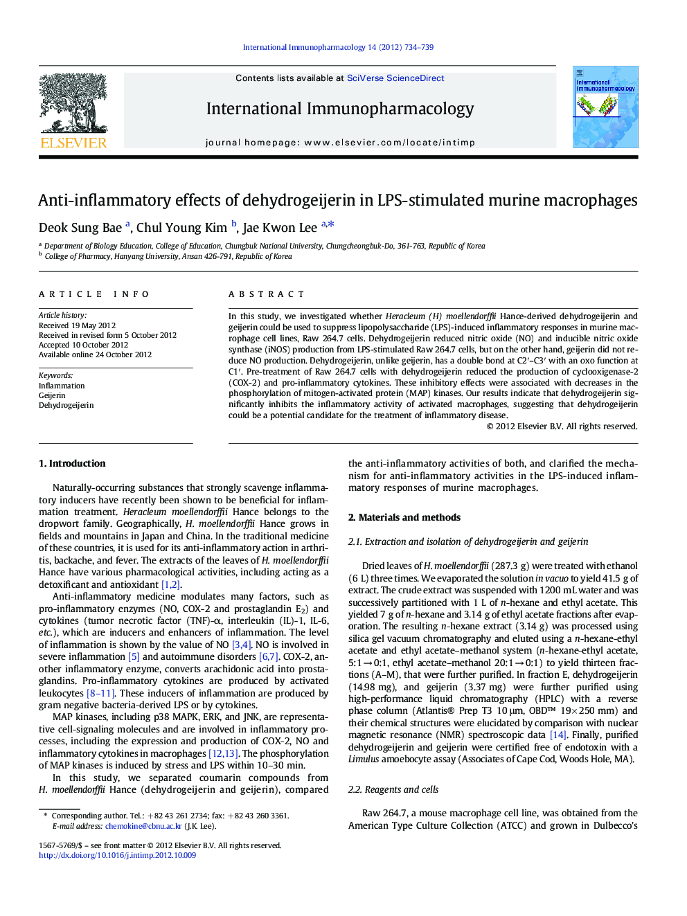 Anti-inflammatory effects of dehydrogeijerin in LPS-stimulated murine macrophages