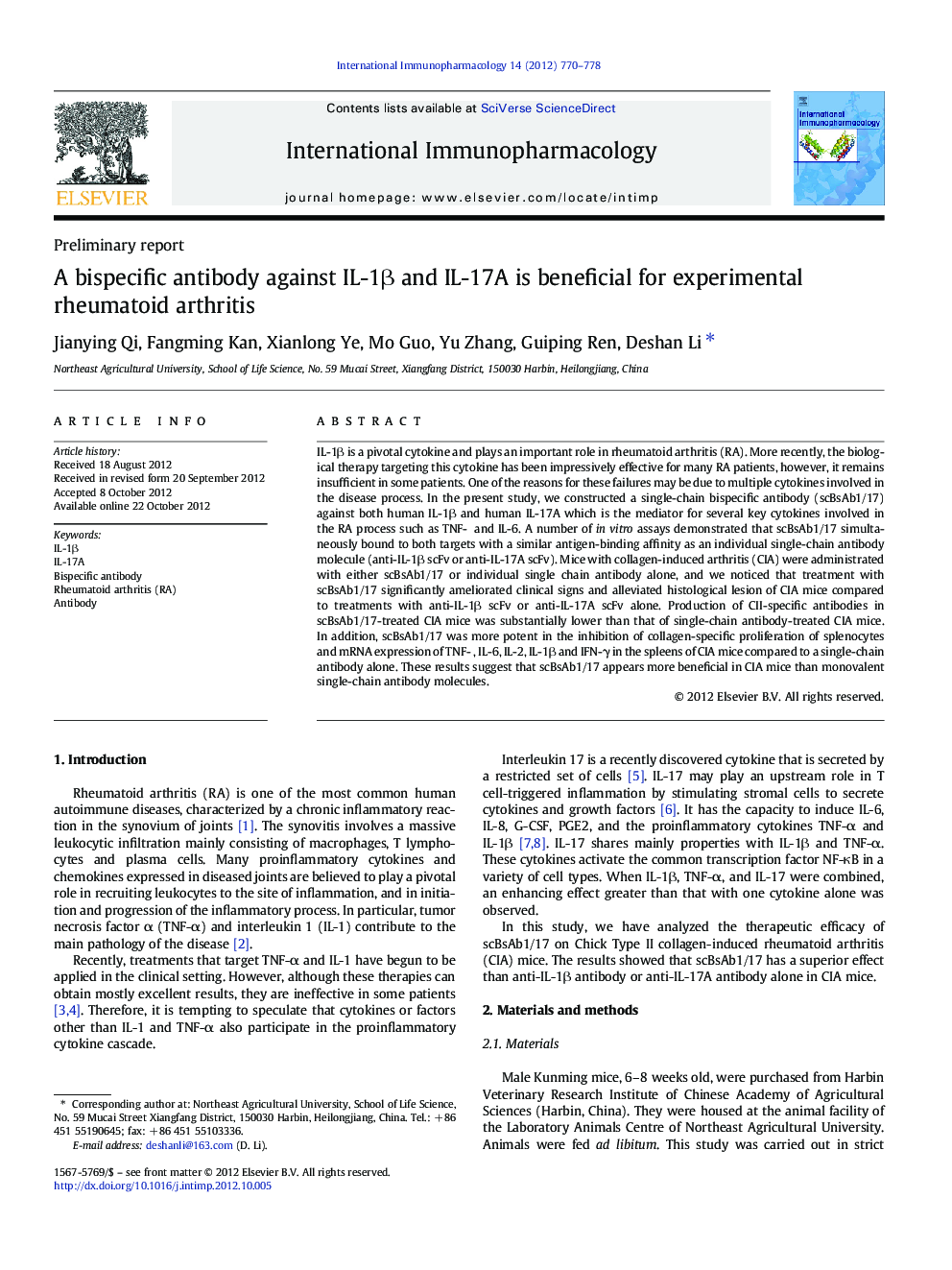 A bispecific antibody against IL-1Î² and IL-17A is beneficial for experimental rheumatoid arthritis