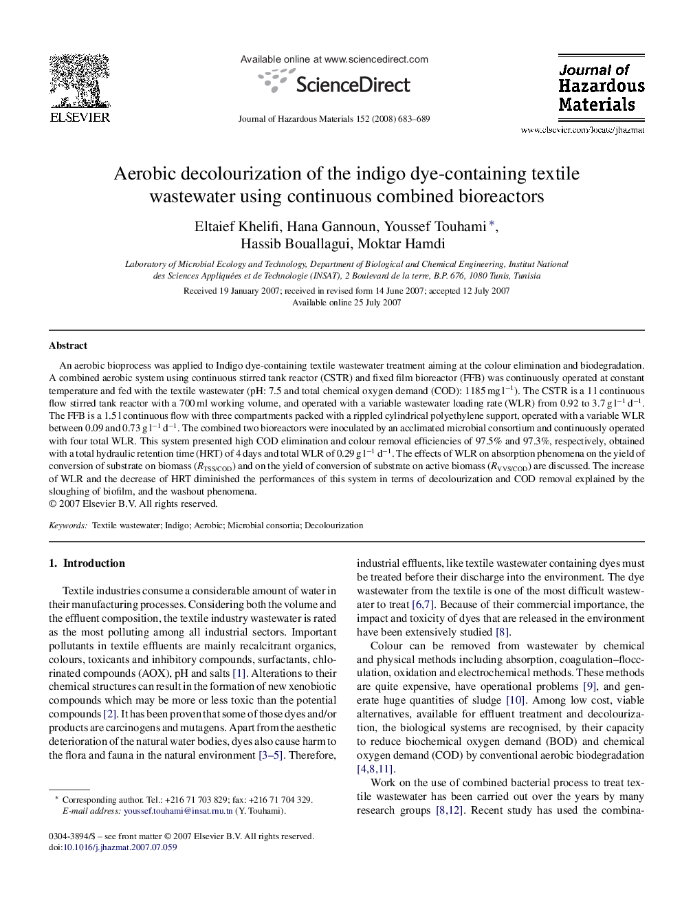 Aerobic decolourization of the indigo dye-containing textile wastewater using continuous combined bioreactors