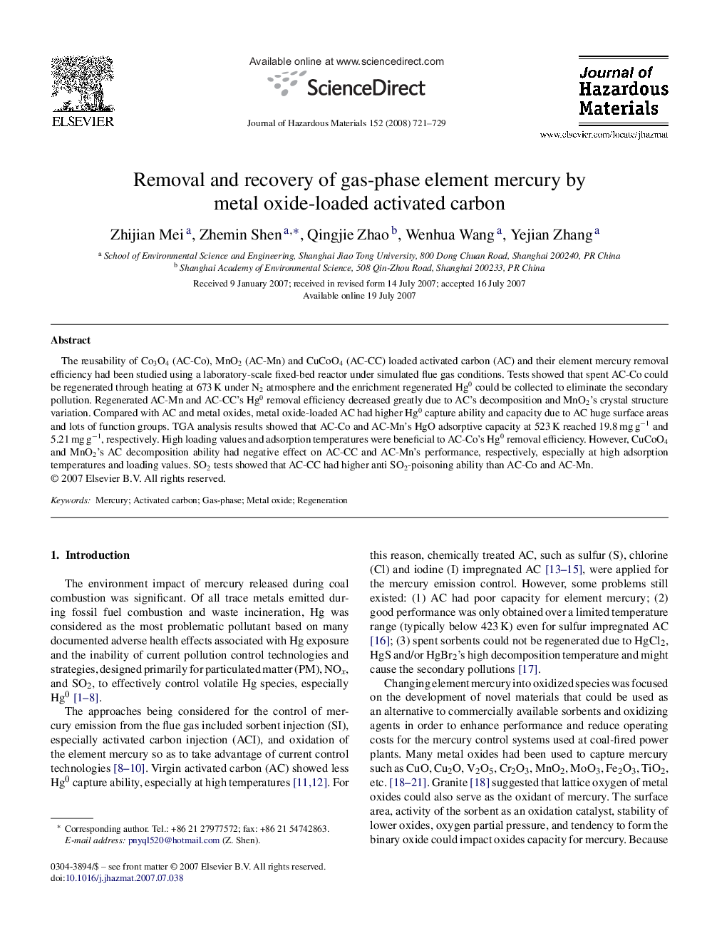 Removal and recovery of gas-phase element mercury by metal oxide-loaded activated carbon