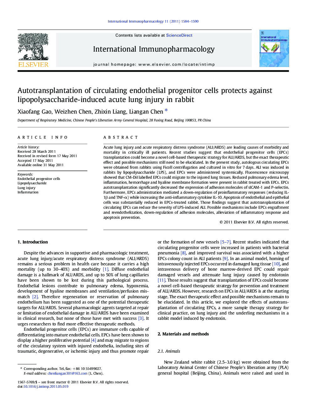 Autotransplantation of circulating endothelial progenitor cells protects against lipopolysaccharide-induced acute lung injury in rabbit