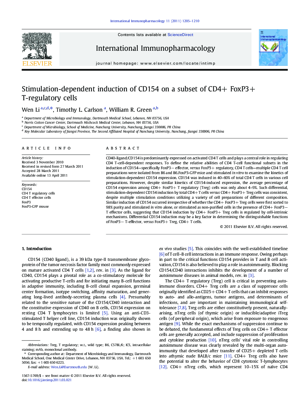Stimulation-dependent induction of CD154 on a subset of CD4+ FoxP3+ T-regulatory cells