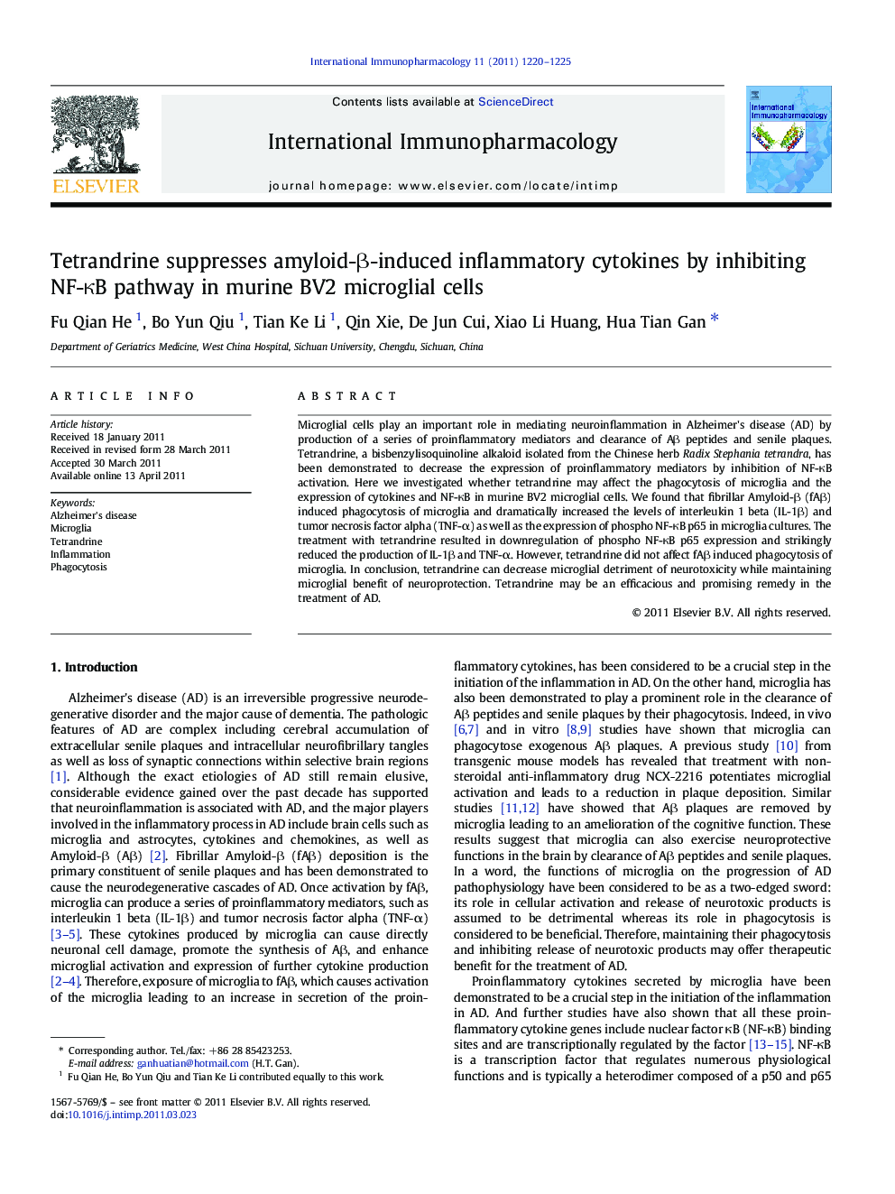 Tetrandrine suppresses amyloid-Î²-induced inflammatory cytokines by inhibiting NF-ÎºB pathway in murine BV2 microglial cells