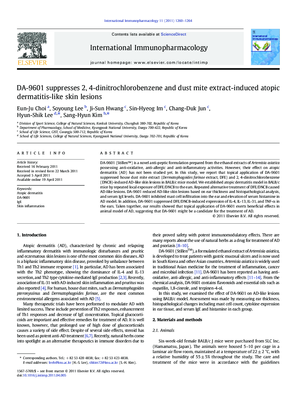 DA-9601 suppresses 2, 4-dinitrochlorobenzene and dust mite extract-induced atopic dermatitis-like skin lesions