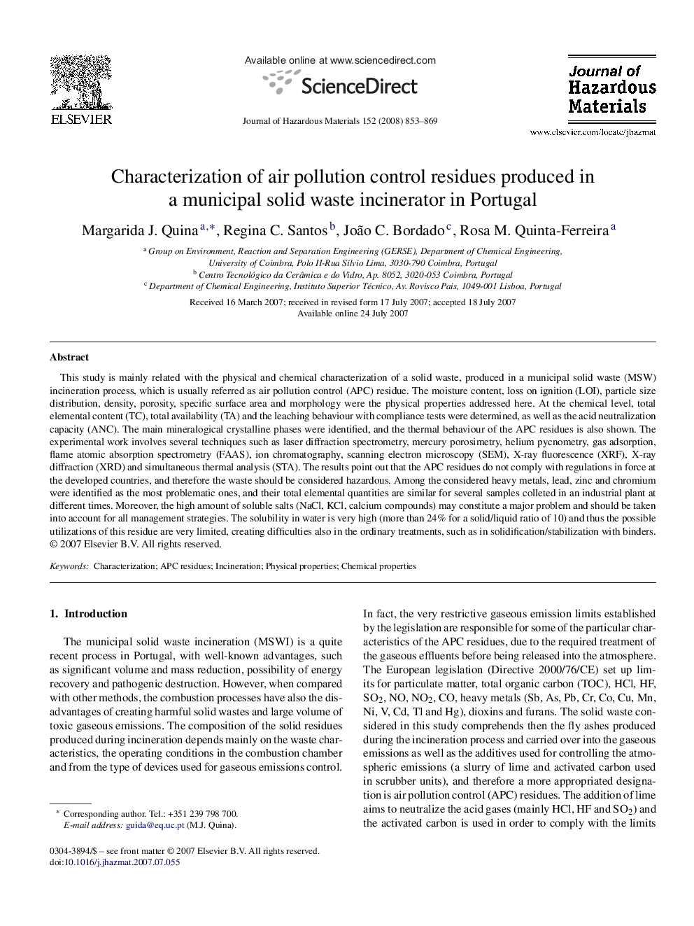 Characterization of air pollution control residues produced in a municipal solid waste incinerator in Portugal