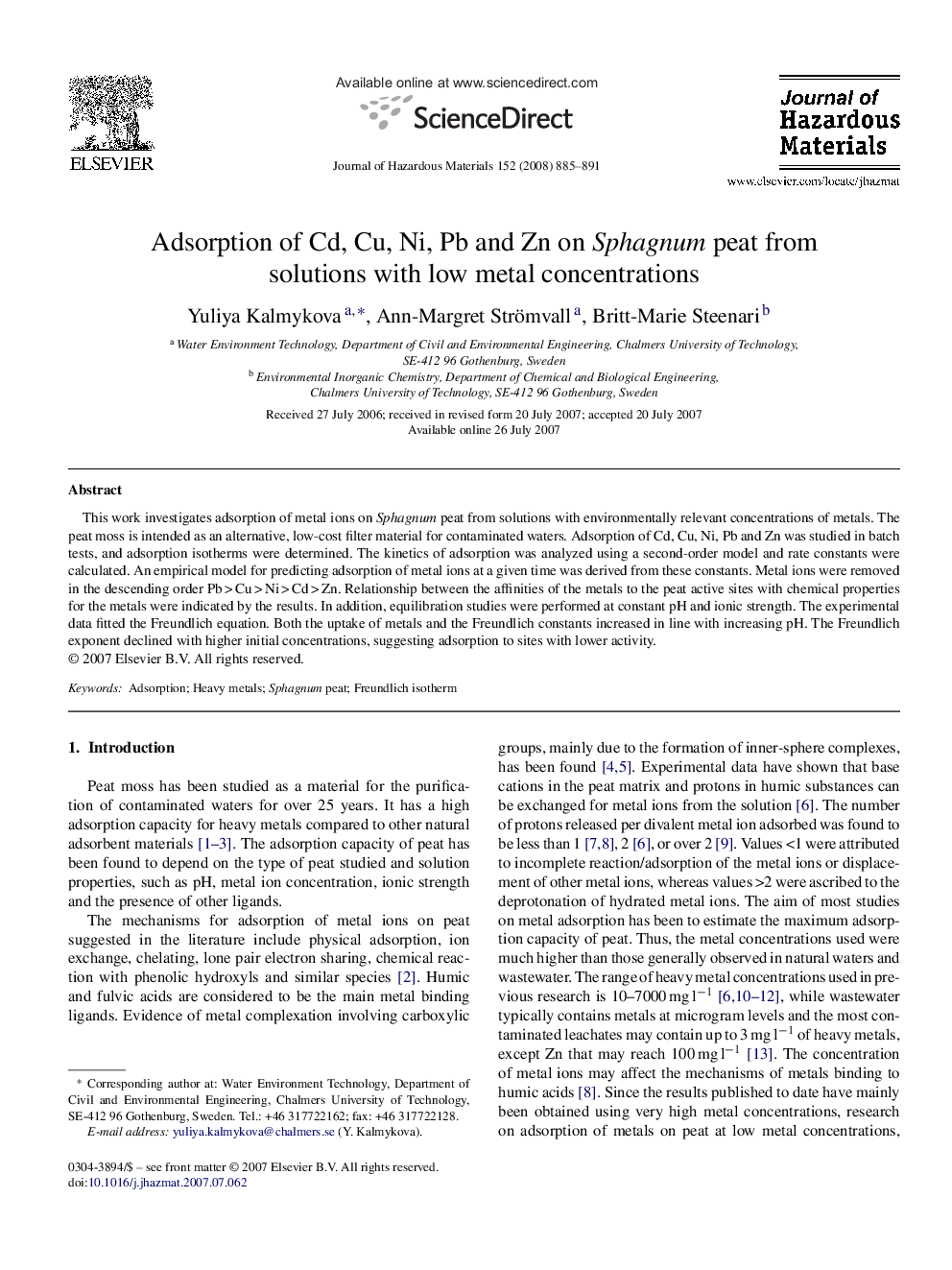 Adsorption of Cd, Cu, Ni, Pb and Zn on Sphagnum peat from solutions with low metal concentrations