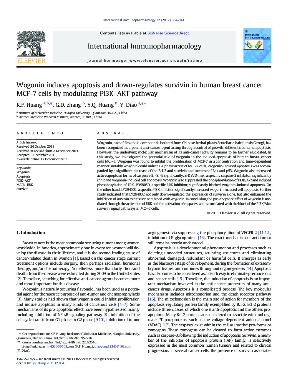 Wogonin induces apoptosis and down-regulates survivin in human breast cancer MCF-7 cells by modulating PI3K-AKT pathway