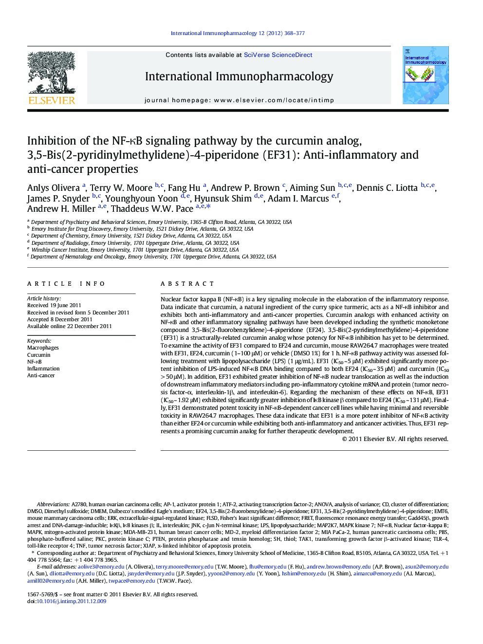 Inhibition of the NF-ÎºB signaling pathway by the curcumin analog, 3,5-Bis(2-pyridinylmethylidene)-4-piperidone (EF31): Anti-inflammatory and anti-cancer properties