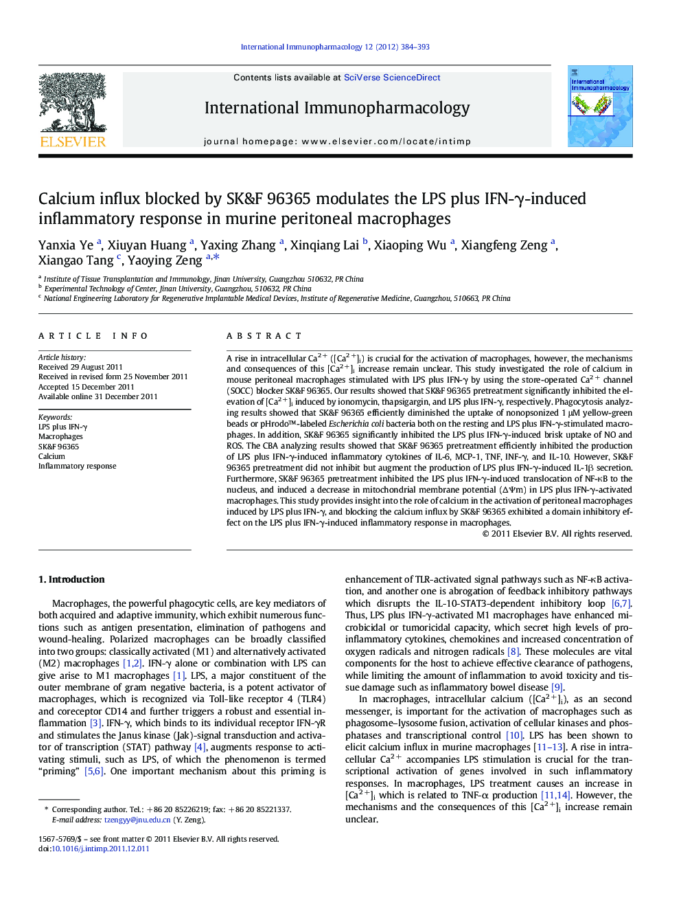 Calcium influx blocked by SK&F 96365 modulates the LPS plus IFN-Î³-induced inflammatory response in murine peritoneal macrophages