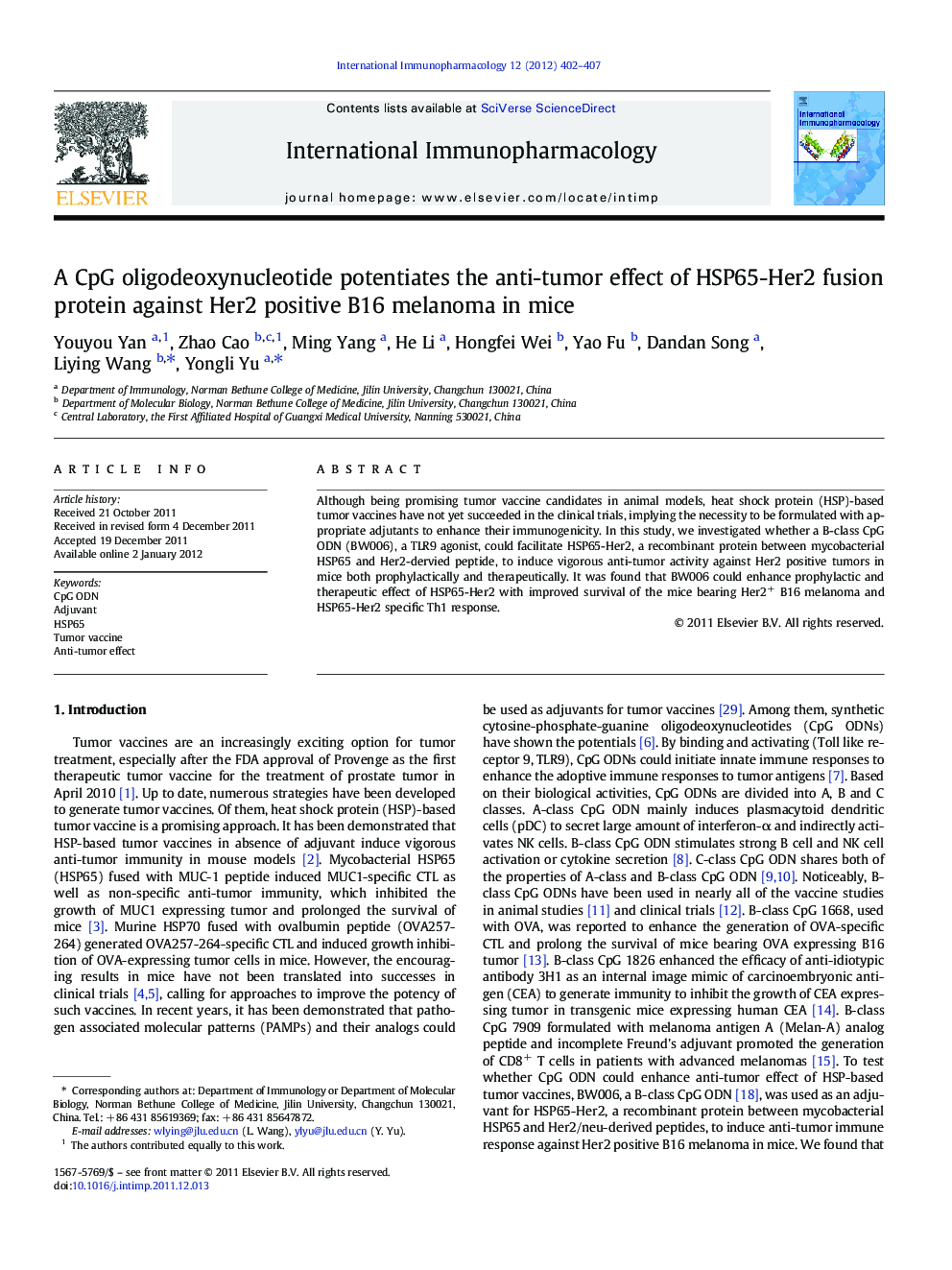 A CpG oligodeoxynucleotide potentiates the anti-tumor effect of HSP65-Her2 fusion protein against Her2 positive B16 melanoma in mice