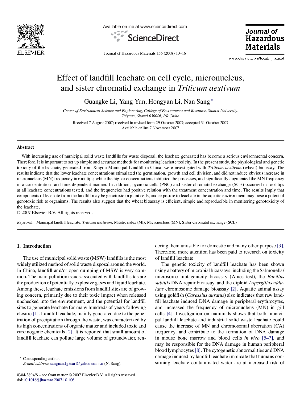 Effect of landfill leachate on cell cycle, micronucleus, and sister chromatid exchange in Triticum aestivum