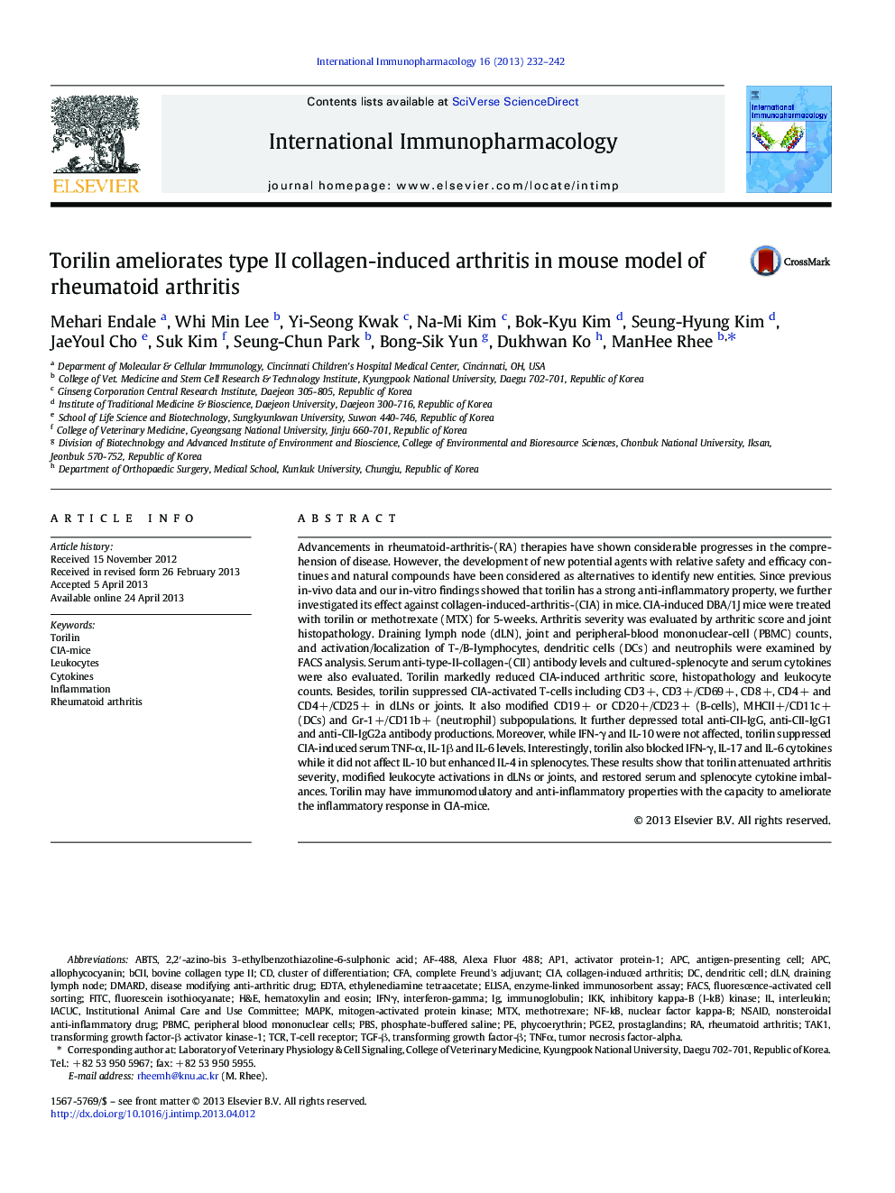 Torilin ameliorates type II collagen-induced arthritis in mouse model of rheumatoid arthritis