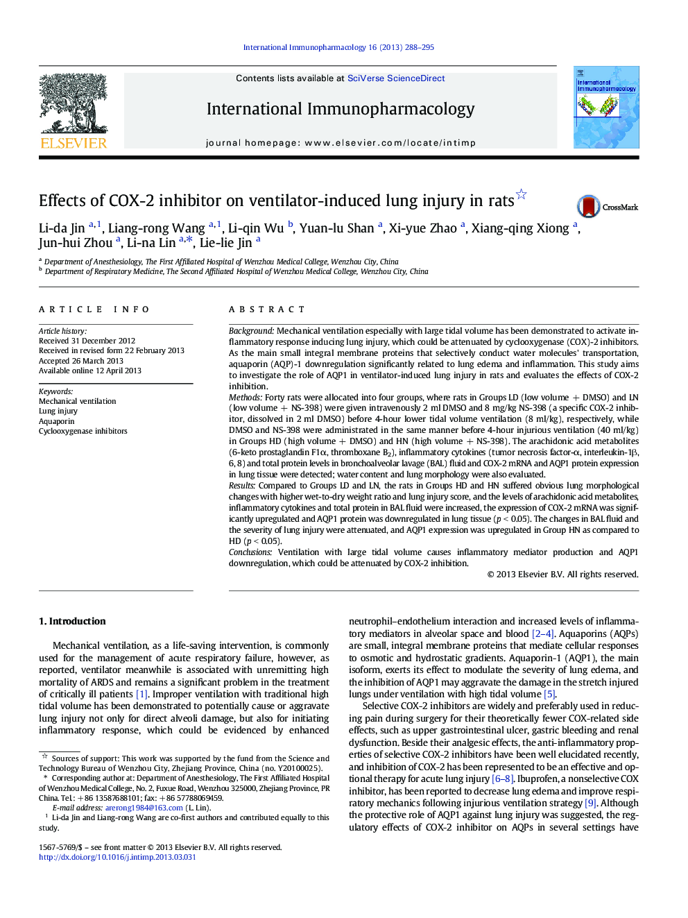 عکس صفحه اول مقاله: Effects of COX-2 inhibitor on ventilator-induced lung injury in rats Effects of COX-2 inhibitor on ventilator-induced lung injury in rats