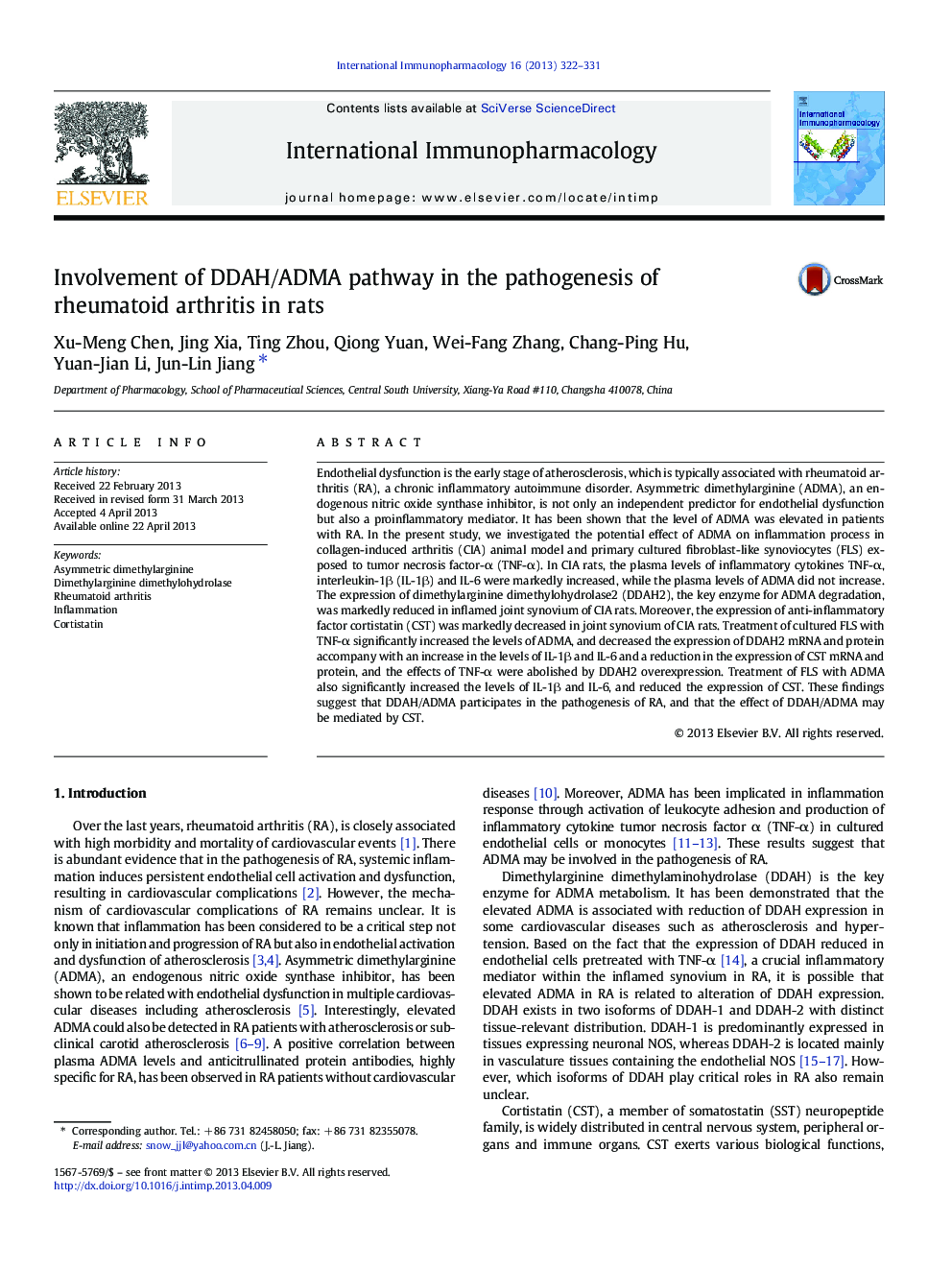 Involvement of DDAH/ADMA pathway in the pathogenesis of rheumatoid arthritis in rats