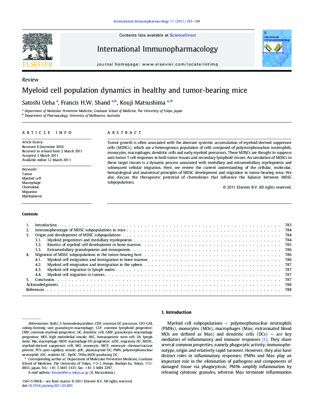 Myeloid cell population dynamics in healthy and tumor-bearing mice