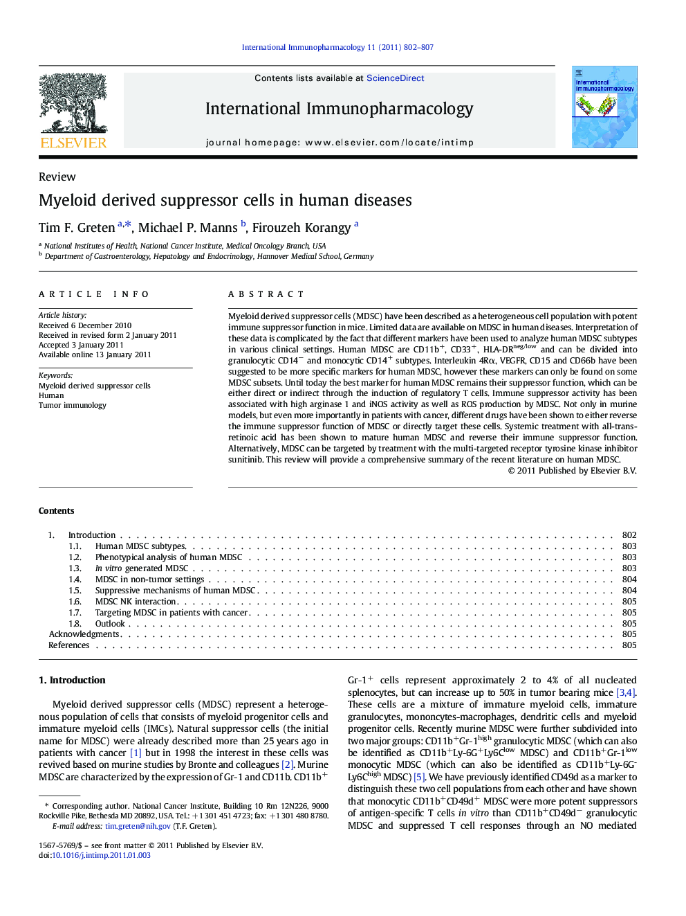 ReviewMyeloid derived suppressor cells in human diseases