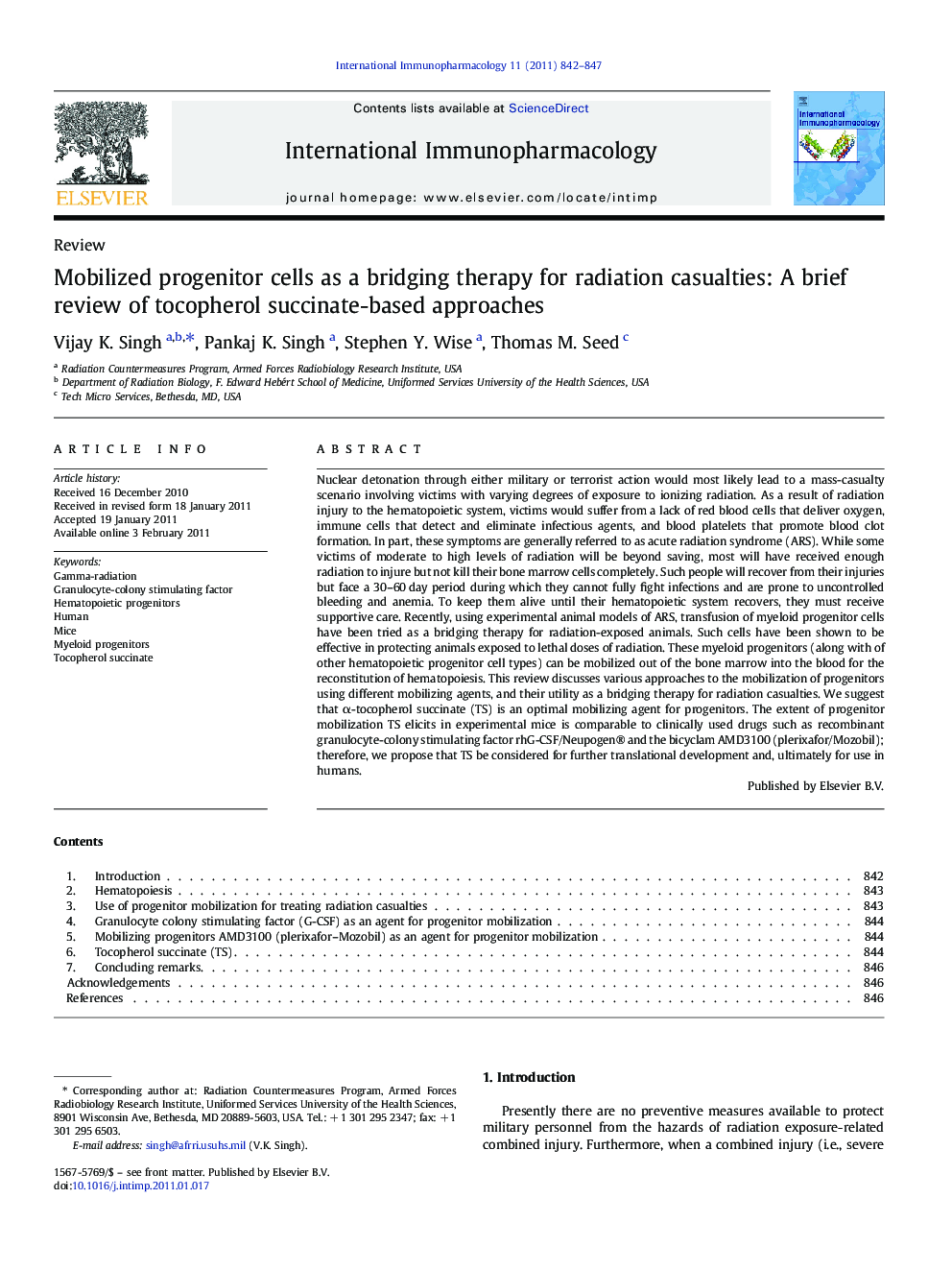 ReviewMobilized progenitor cells as a bridging therapy for radiation casualties: A brief review of tocopherol succinate-based approaches