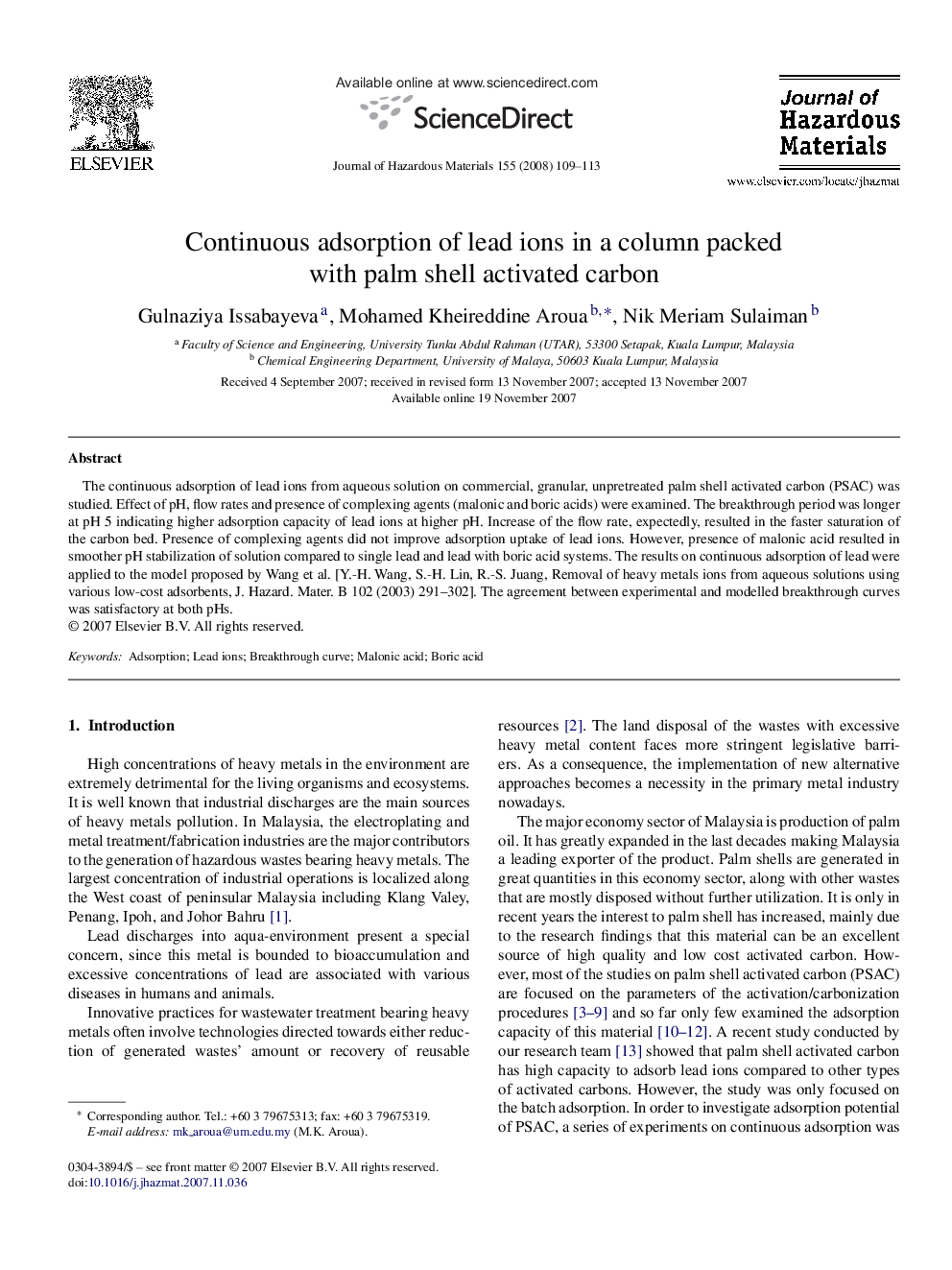 Continuous adsorption of lead ions in a column packed with palm shell activated carbon