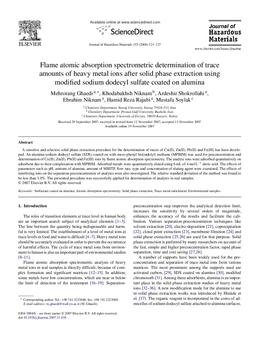 Flame atomic absorption spectrometric determination of trace amounts of heavy metal ions after solid phase extraction using modified sodium dodecyl sulfate coated on alumina